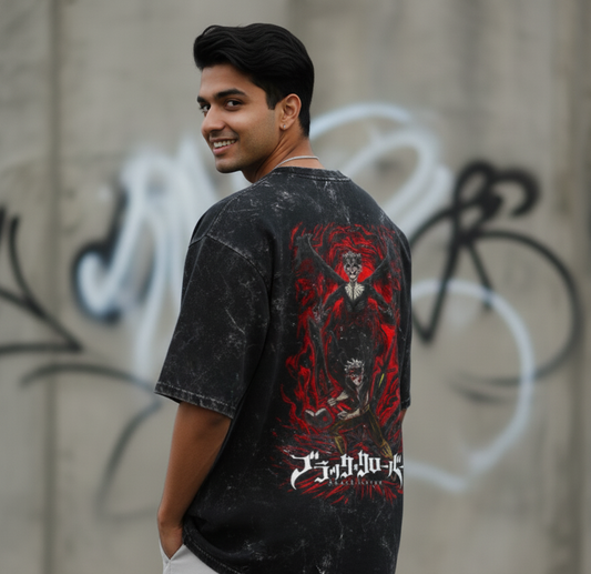 Black clover Acid Washed Oversized Tee